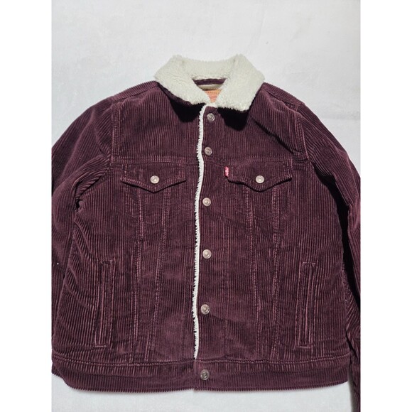 Levis Corduroy Sherpa Trucker Jacket Warm Winter Coat Mauve Purple Medium - Picture 2 of 9